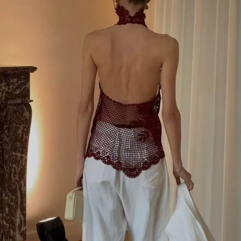 女性用ハンドメイド花柄クロシェ編みレースアップニットベストツーピースセット、ハーフハイカラーライニング付き高品質バックレスベスト2026新作