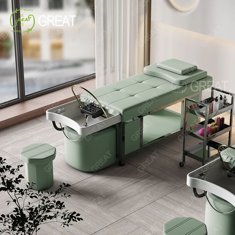 

Luxury Thai Style Green Leather Head Spa Shampoo Bed Chair Modern Lay Down Barber Shop Washing Bed with Stool