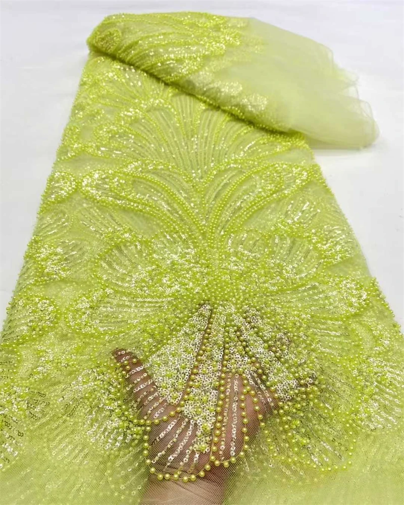 

2025 Elegant French Embroidery Mesh Lace Fabric with Bead And Sequin for African Nigerian Wedding Dresses Fashionable