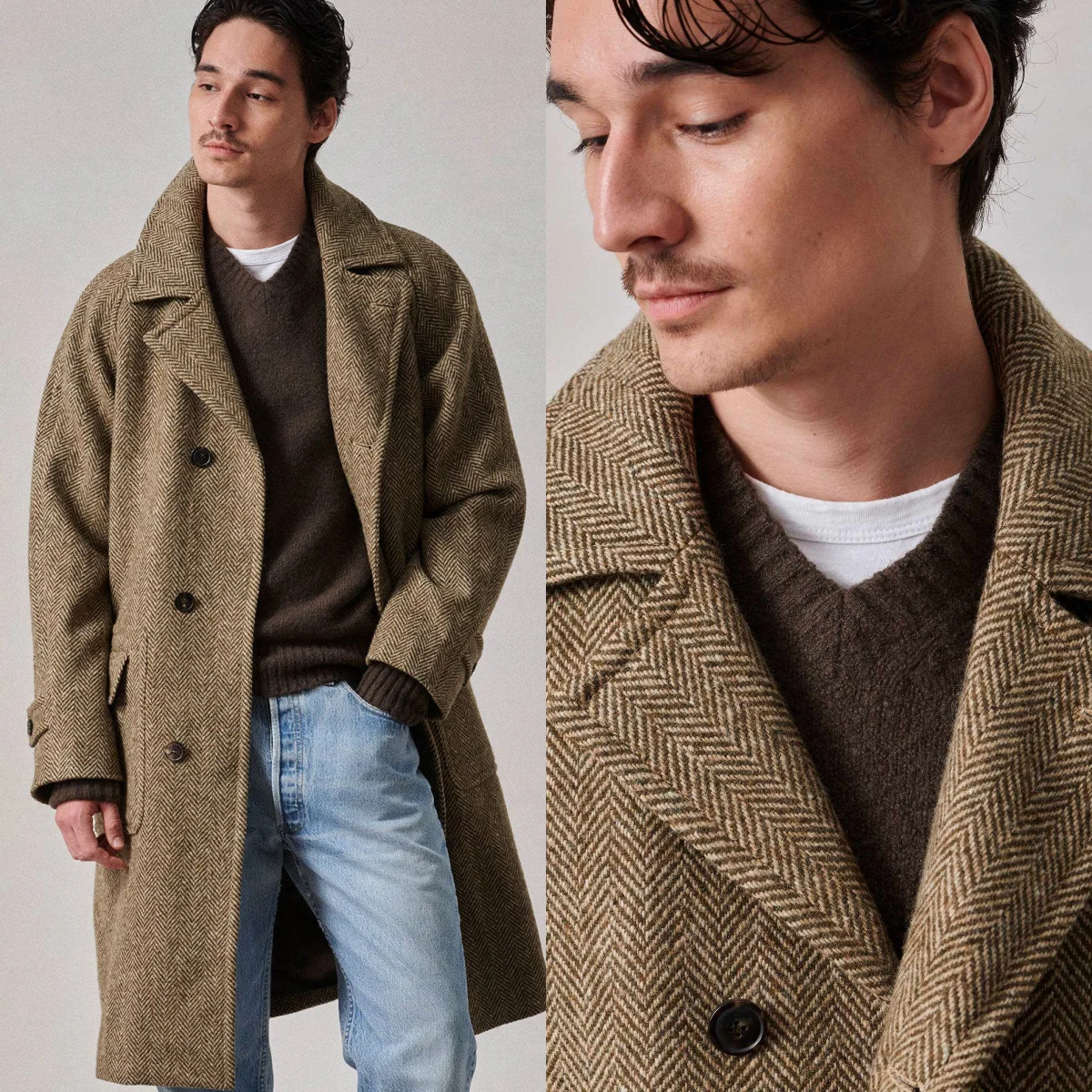 

Vintage Herringbone Wool Blend Long Coat Single Breasted Notched Lapel Long Warm Overcoat Casual Daliy Wear Custom Made
