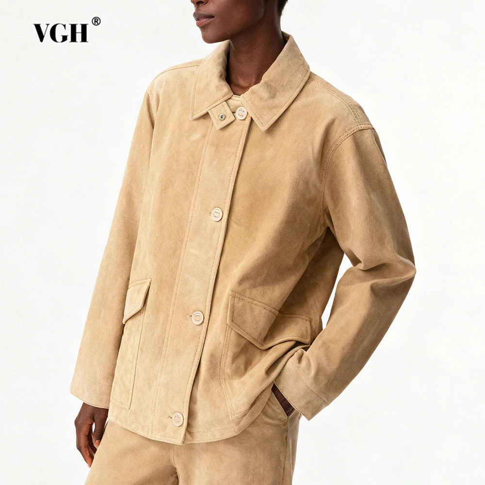 

VGH British Style Solid Loose Chic Jackets For Women Lapel Long Sleve Spliced Button Autumn Temperament Jacket Female Fashion