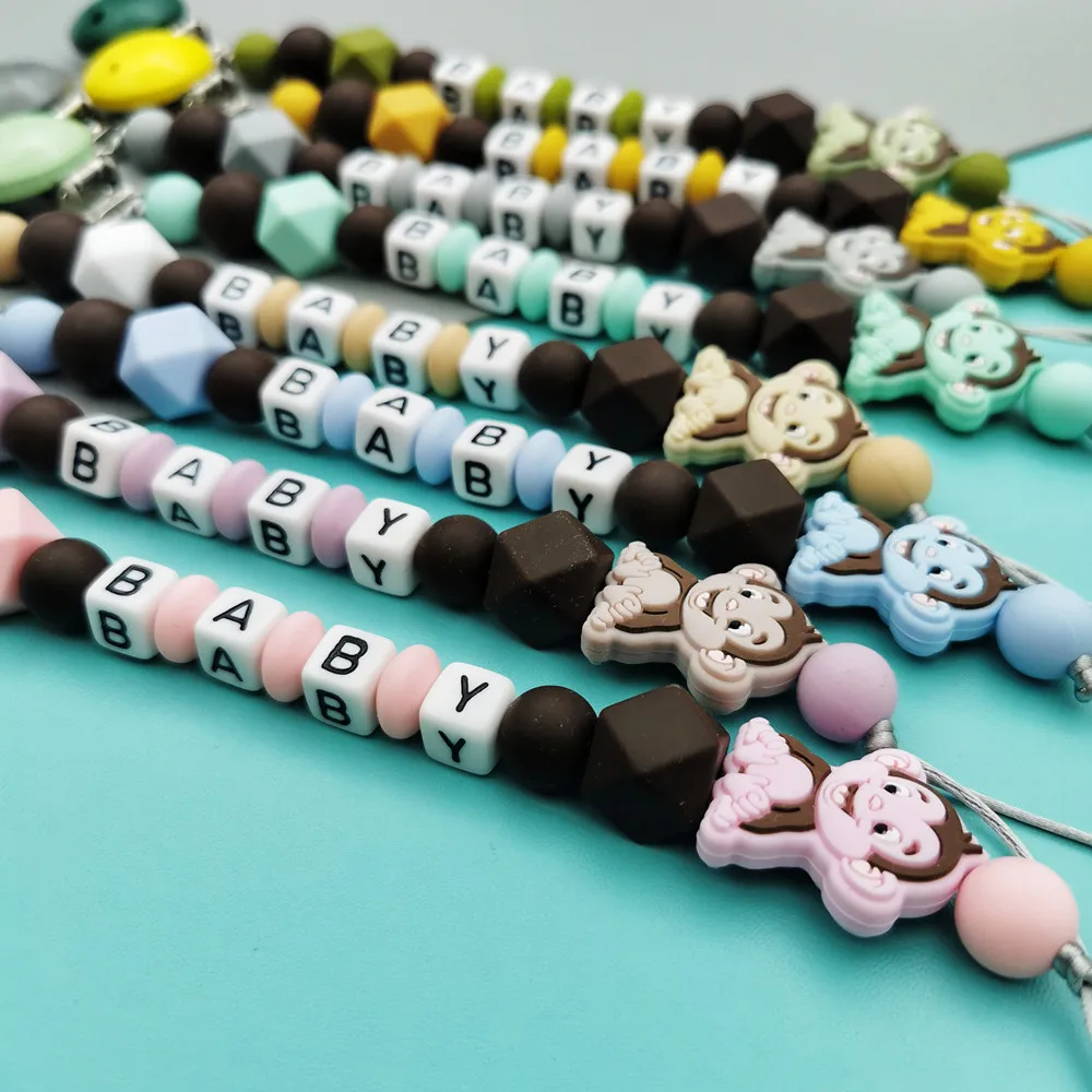 Custom English Letter Name Baby Silicone Monkey Beads Pendant Pacifier Clips Chains Chew Teether Baby Pacifier Kawaii Toy Gifts
