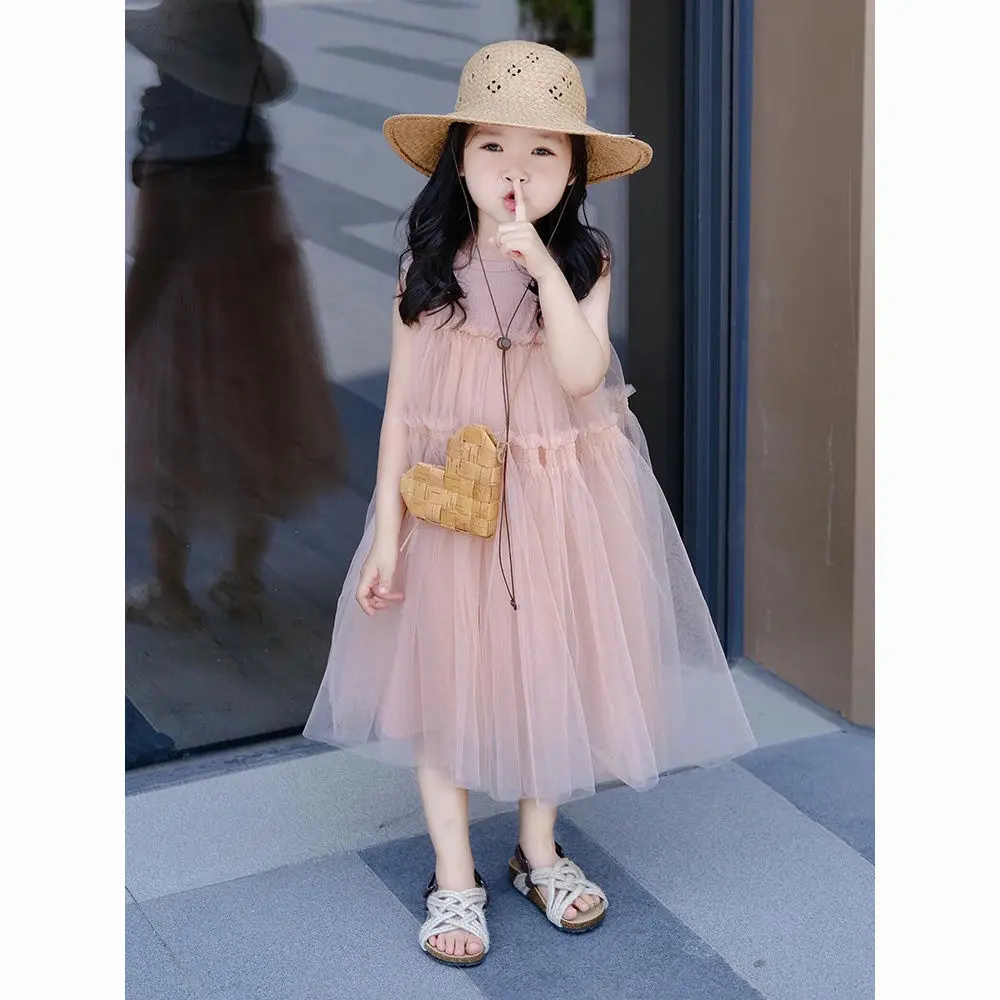 Girls 2024 Summer New Pink Skirt Baby Girl Style Sleeveless Pleated Dress Pink Sweet and Gentle Gauze Skirt