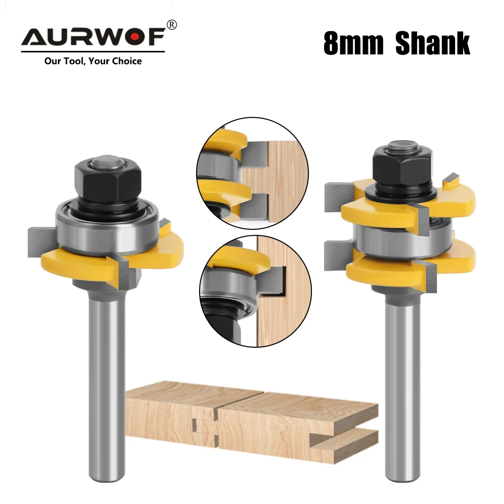 AURWOF 8mm Shank T-Slot Tongue And Groove Router Bit Kit, 2PCS 3-Wing Adjustable Milling Cutter Set For Woodworking