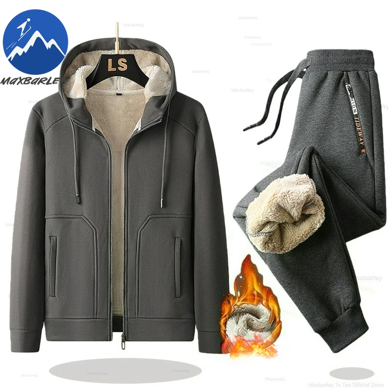 

Maxbarley Autumn Winter Men Set Long-Sleeved Hooded Jacket + Pants 2-piece Sets Thick Fleece Suits Men Lamb Fleece Warm Clothing