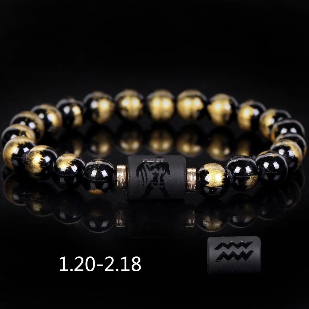 Natural Stone Constellation Couple Bracelet Black Gold Color Jade Spacer Beads Jewelry Gift For Man Women Elastic Rope 8 MM