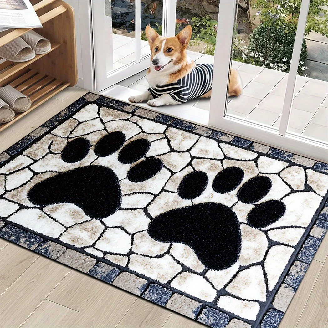 VIKAMA Adorable Animal Paw Print Doormat Black and White Stone Pattern Absorbent and Non-Slip Entrance Hallway Home Decor