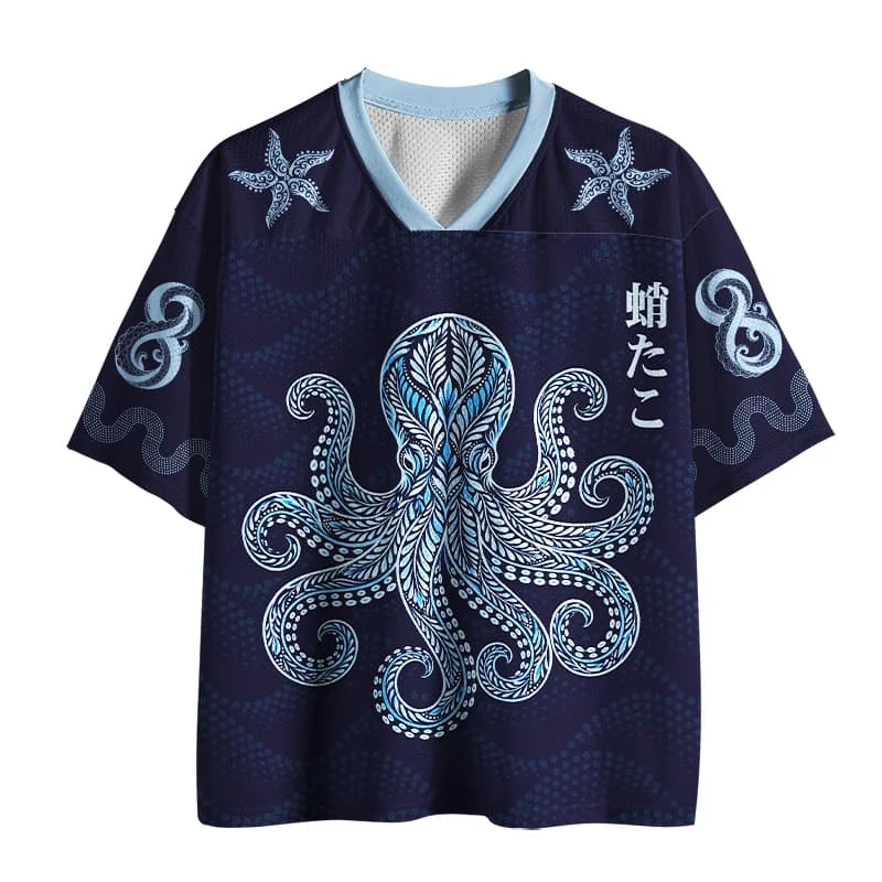 Tribal Totem Octopus Japanese Octopus Printed Mesh Ice Hockey Jersey Unisex Ocean Art V-neck Loose Short Sleeve