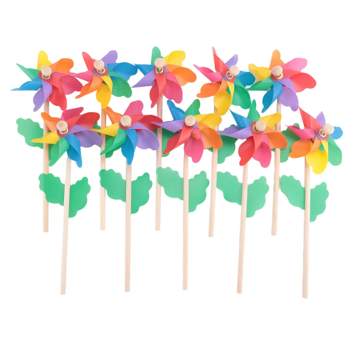 DCVB3-10Pcs Wooden Stick Pinwheels, for Kids Toy Garden Lawn Party Decor