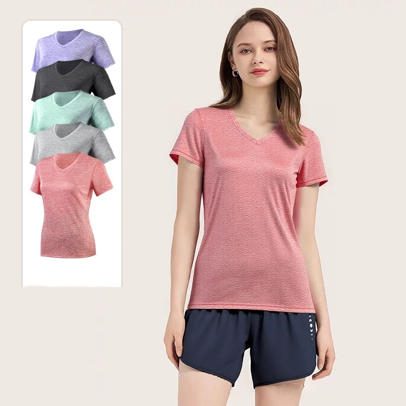 Summer Sports Short Sleeved Women Slim Fit Quick Drying Breathable T Shirt Tops Shirts V Neck Running Outdoor Yoga