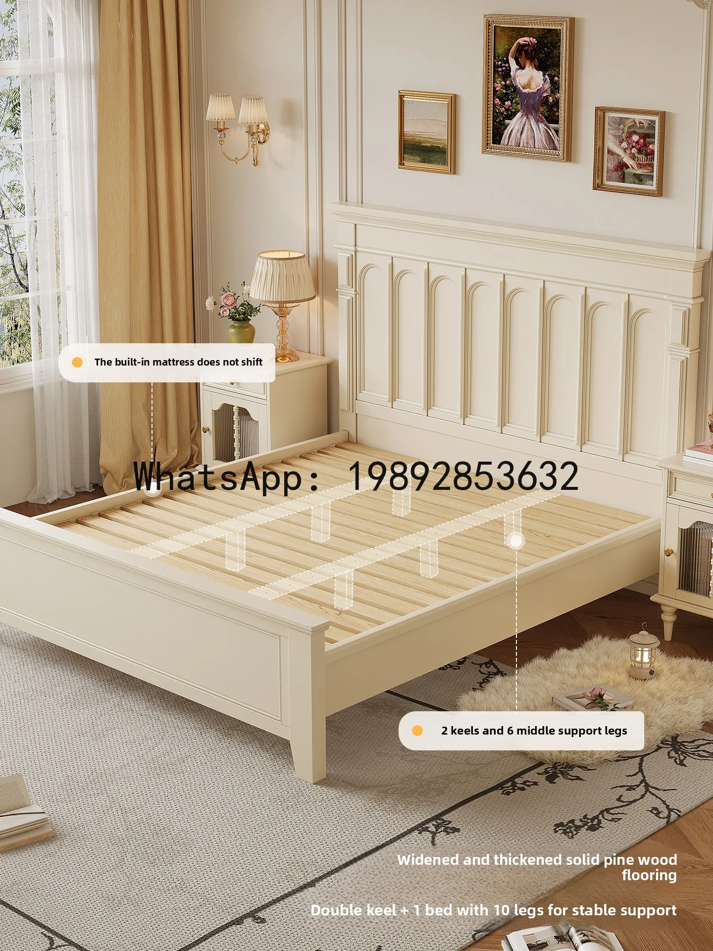 YFY French Cream Style Solid Wood Bed 1.5M Home Bedroom Double Bed American Style White Master Bedroom Large Bed