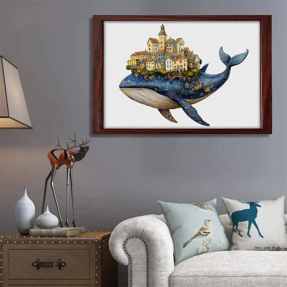 Artisan Whale Castle Wooden Puzzle – Handcrafted Animal Village, Intermediate Challenge & Marine Wall Art – Portable Family Game