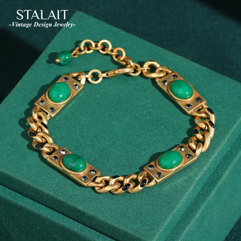 

Vintage 18k Gold Plated Green Stone Chain Bracelet Charm For Bangles Woman Love Waterproof Jewelry Accessories 2025 Trendy Gift