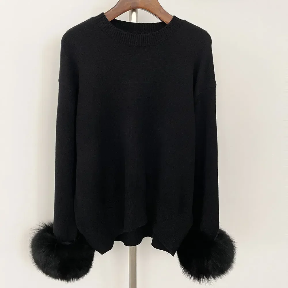 2024 Autumn Winter Knitted Sweaters with Detachable Natural Fox Fur Sleeves Women New Fashion Slim Fit Sweaters