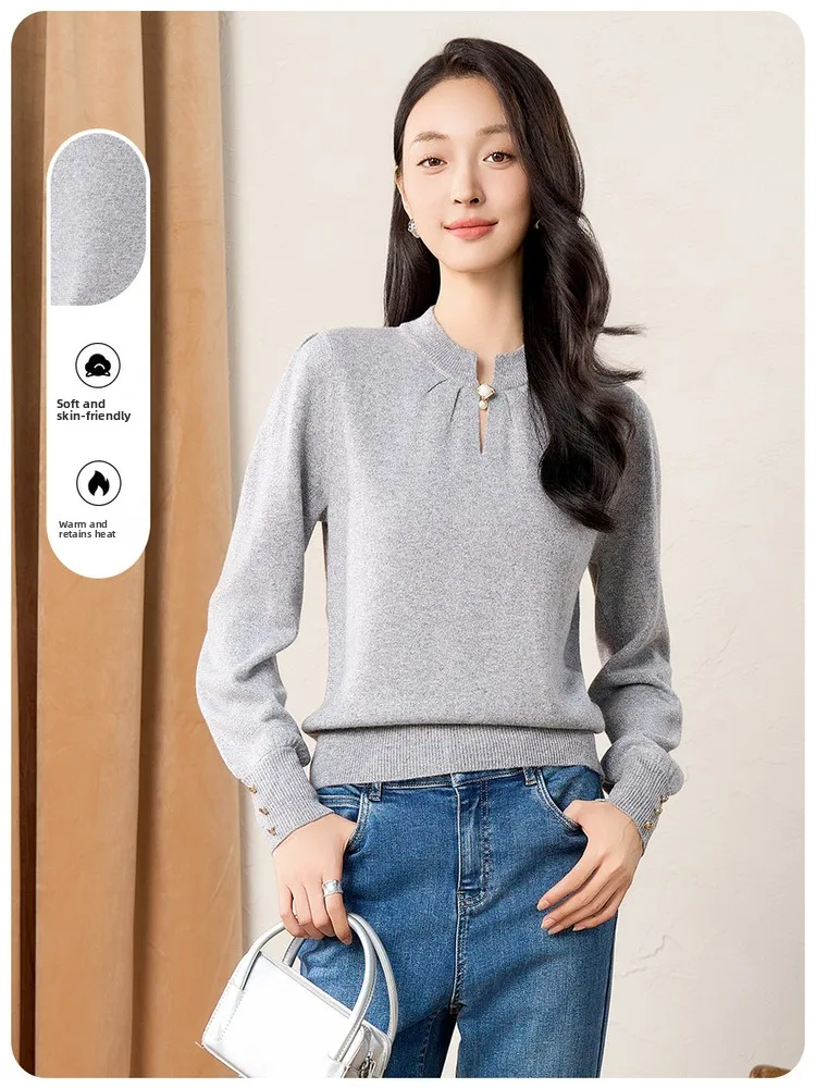 

Spring Bamboo 2025 Autumn Winter Pearl Button Woolen Sweater Casual V-Ne f High Collar Simple Faion Women's Knitwear