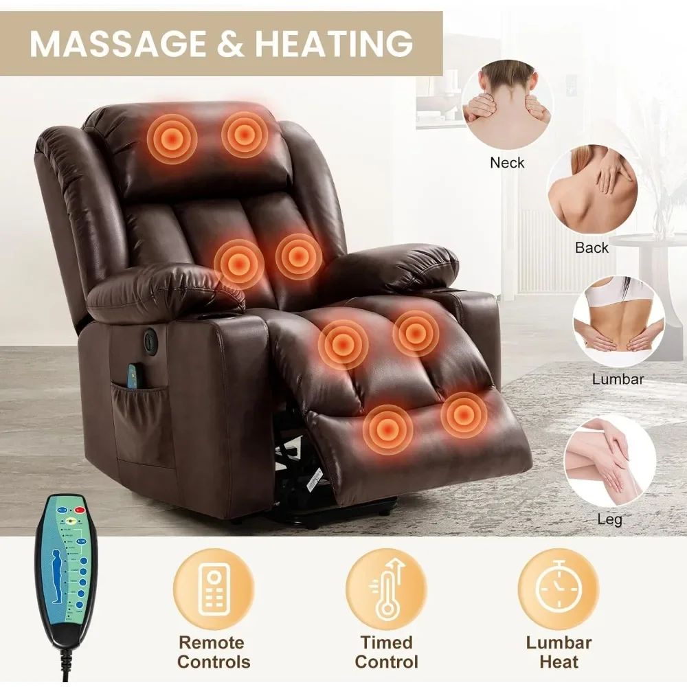 Power Lift Fauteuil voor ouderen met massage en warmte, ademende lederen fauteuil voor volwassenen, 2 bekerhouders, USB-poorten