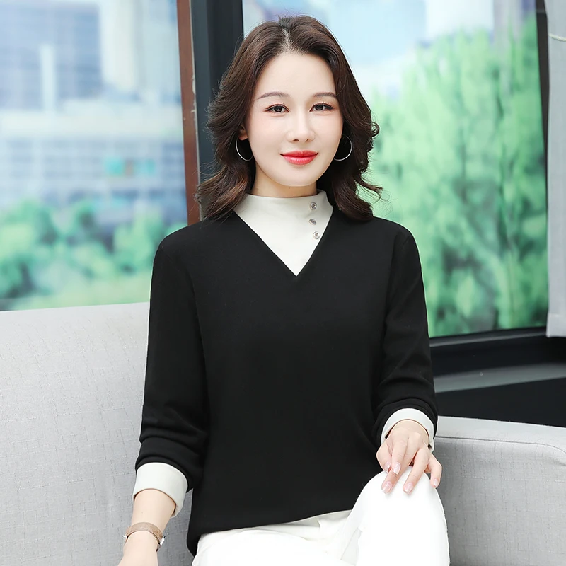 

Женская весенне-осенняя новая свободная и универсальная искусственная футболка из двух предметов, зимняя модная футболка с длинным рукавом и высоким воротником