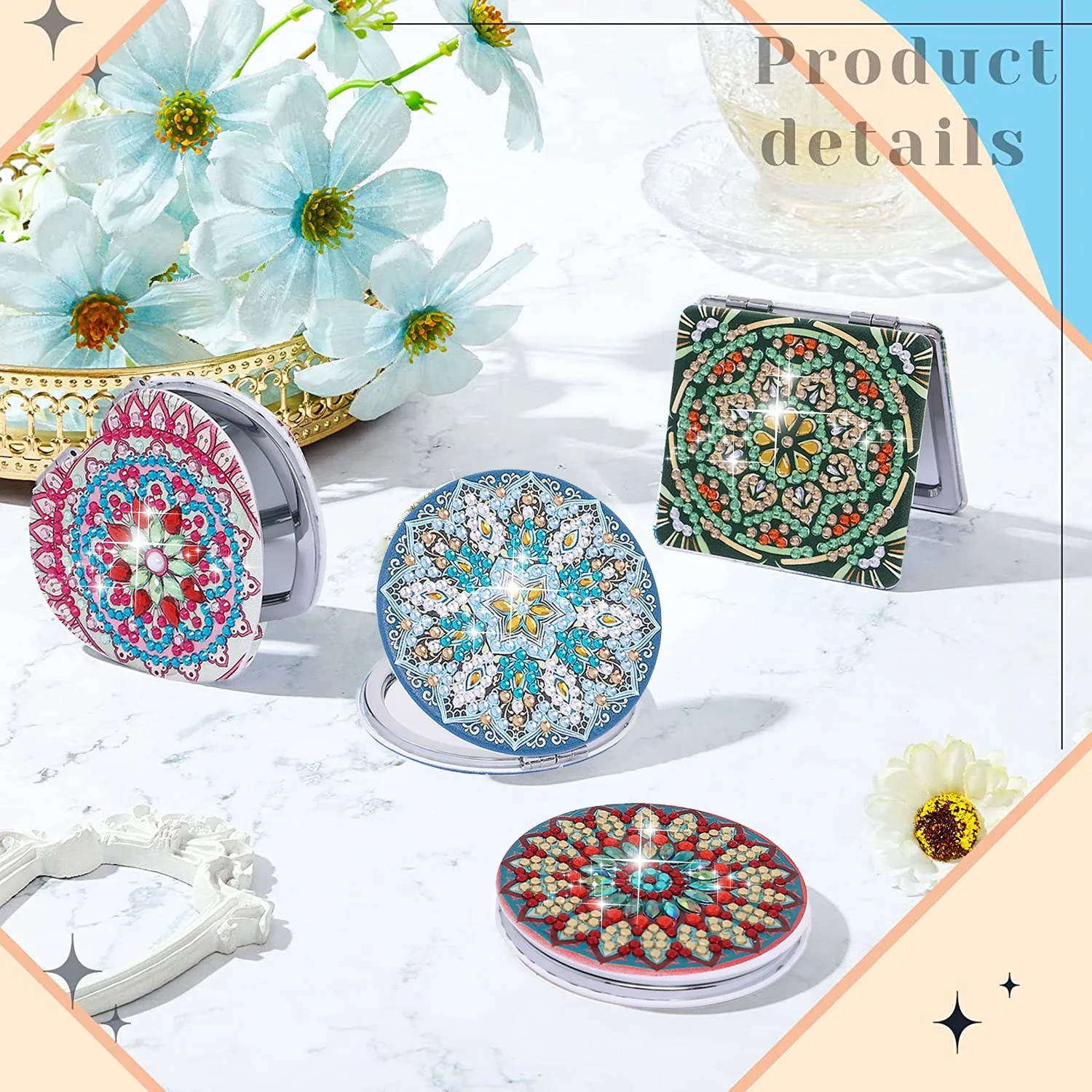 1pc/Set DIY Mandala Diamond Art Mirror Compact Portable Folding Mirror for Women Flowers Diamond Painting Mirror Kits for Adults