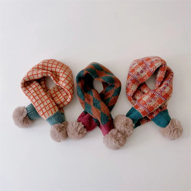 MILANCEL New Winter Kids Scarf 78*8cm Cute Color Blocked Grid Girls Neckerchief Children's Knitting Wool Scarf