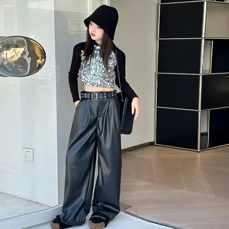 

Осенний повседневный вязаный короткий свитер с длинными рукавами и блестками для девочек-подростков, блестящий топ/широкие брюки из искусственной кожи, одежда для маленьких детей