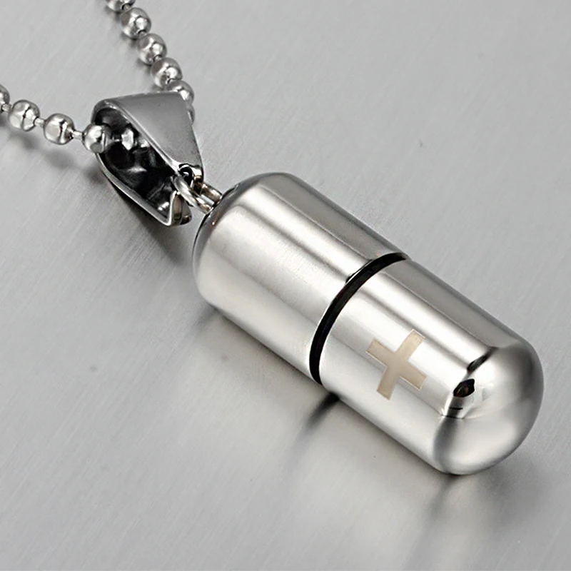 Classic Blue Mini Cute Capsule Necklace Cross Can Open Pill Perfume Bottle Pendant For Women Gift Men Jewelry