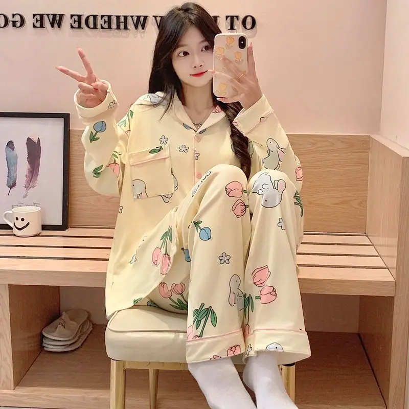 

tulip Women's pajamas rabbit Spring autumn winter Comfortable Sleepwear long sleeves sweet Cotton Pajama cardigan homewear suit