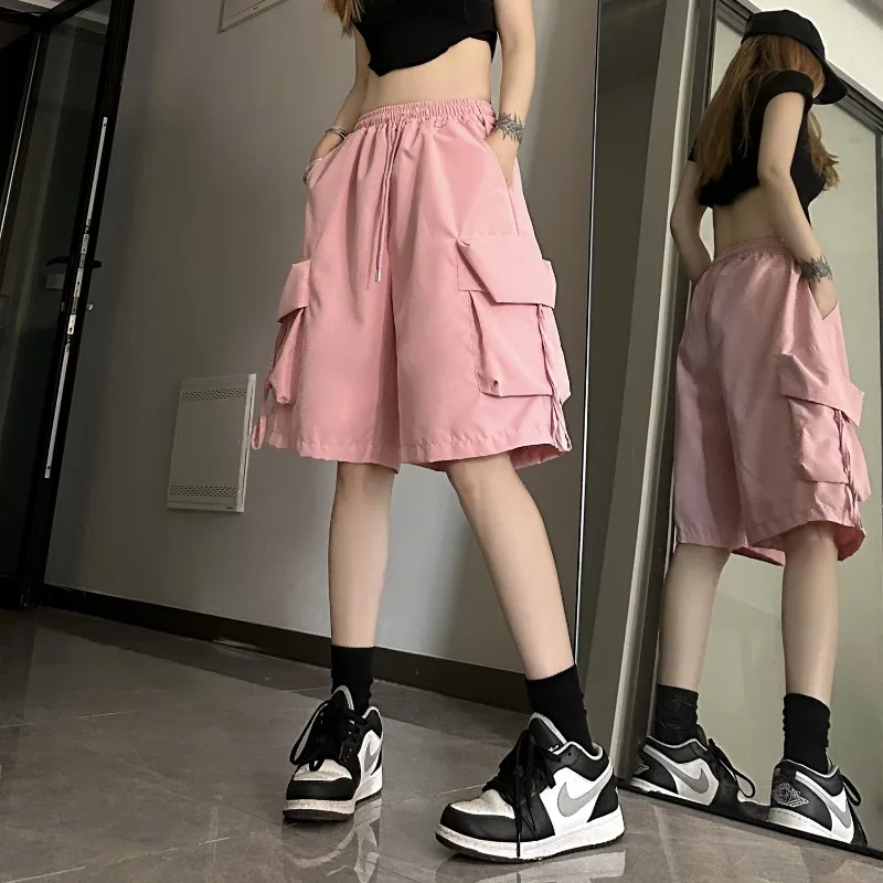 Women Cargo Shorts High Waist Loose Fit Breathable Thin Sports 5-Points Pants Multi-Pocket Streetwear Wide Leg Casual Shorts