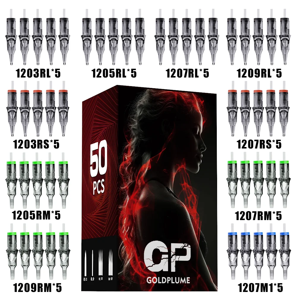 50Pcs Goldplume Red Smoke Figure Tattoo Cartridge Needles Sterile RL RS RM M1 for Rotary Tattoo Pen