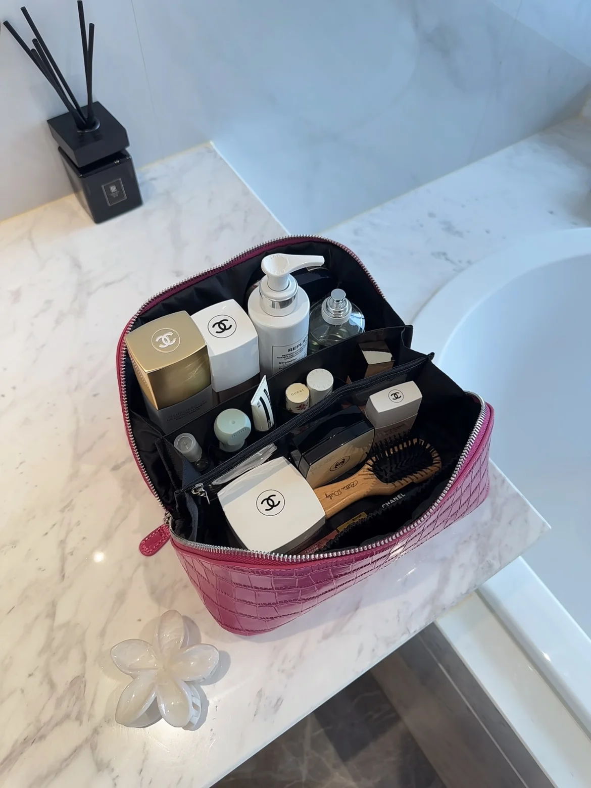 Crocodile Pattern Cowhide Cosmetic Bag Rose Red Light Luxury Genuine Leather Women Travel Portable Toiletry Storageanity Case