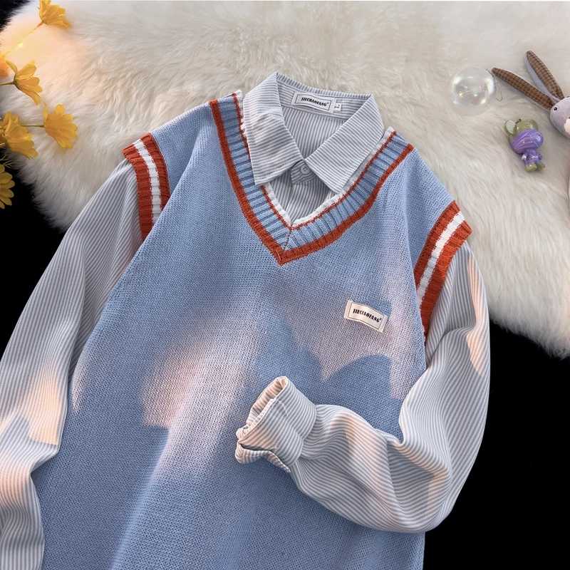

Japanese Sle Color Blo Knitted Vest Men's Korean Version Trendy Lazy Sle Color Line Sweater Couple Vests Sweater Vest