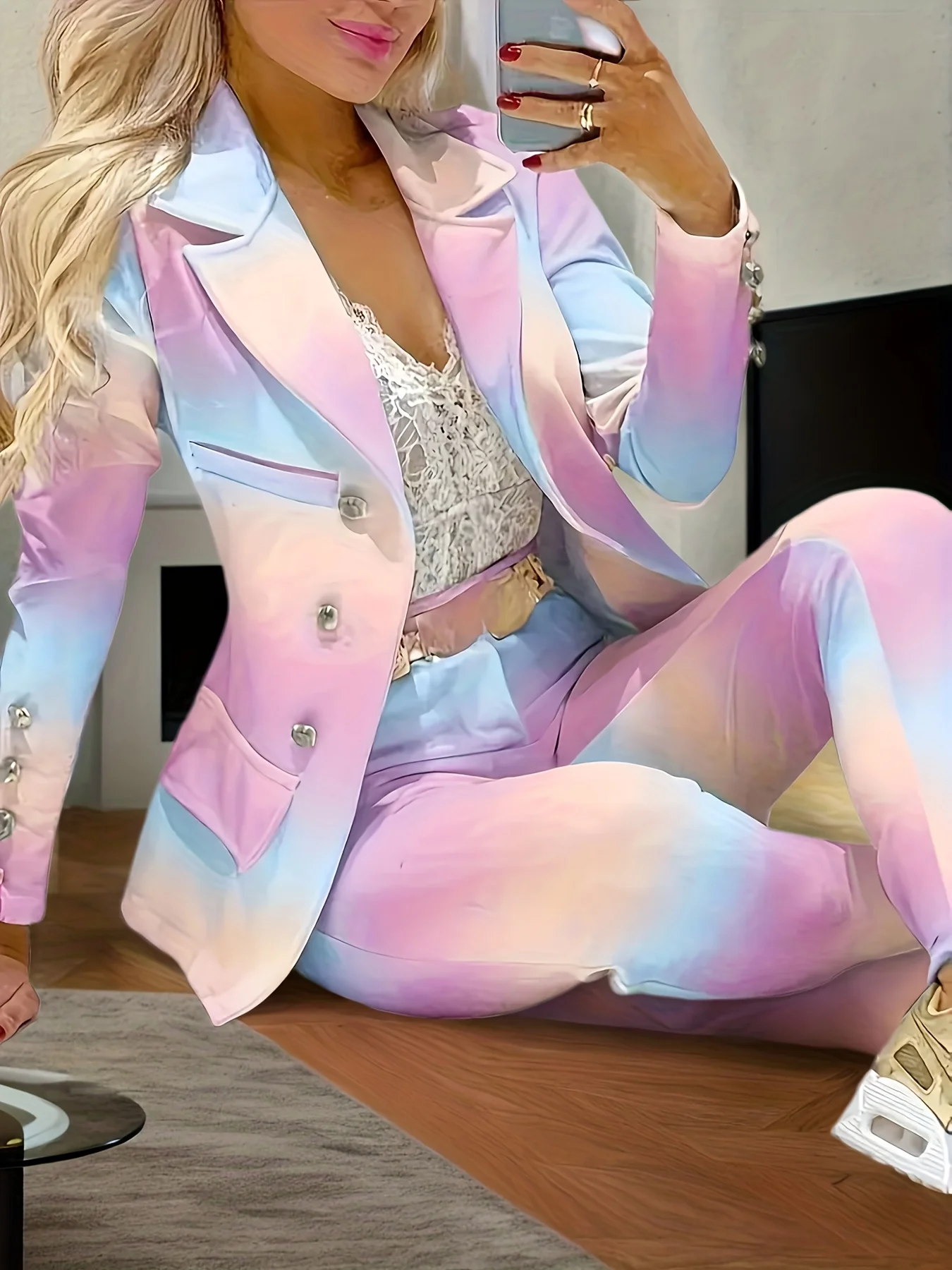 

2025 gradient color elegant suit jacket set, double breasted lapel long sleeved suit jacket and pants clothing,
