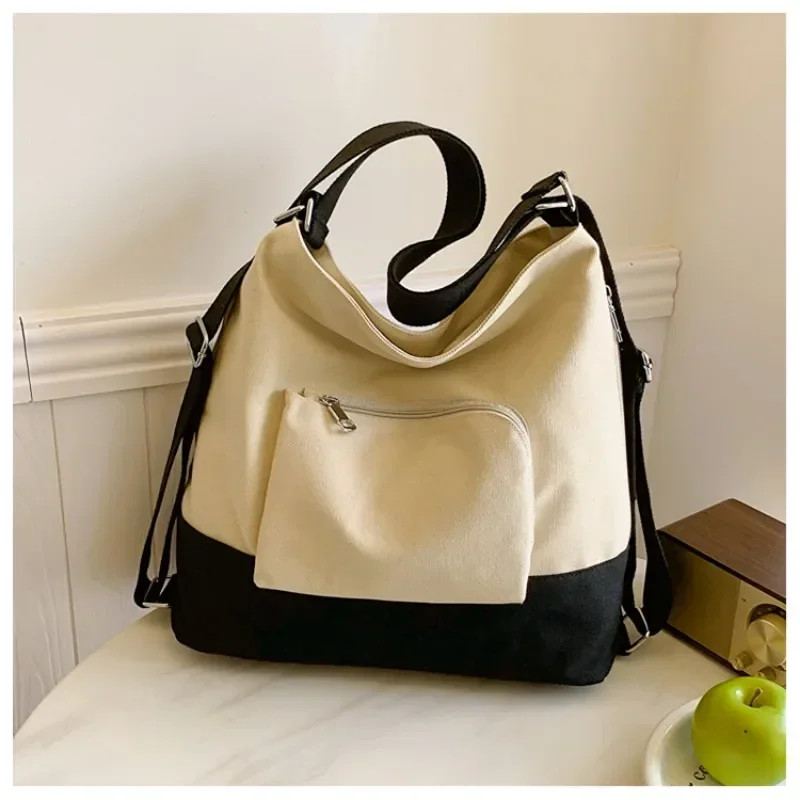 Simple Patchwork Zipper Canvas Shoulder Bags Large Capacity Durable Casual Backpack for Women 2024 High Quality Tote on Sale