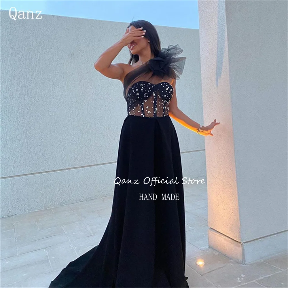 

Qanz Saudi Arabia Evening Dress One Shoulder Crystal Long A Line Illusion Satin Prom Dresses for Women Elegant Dubai Abendkleid