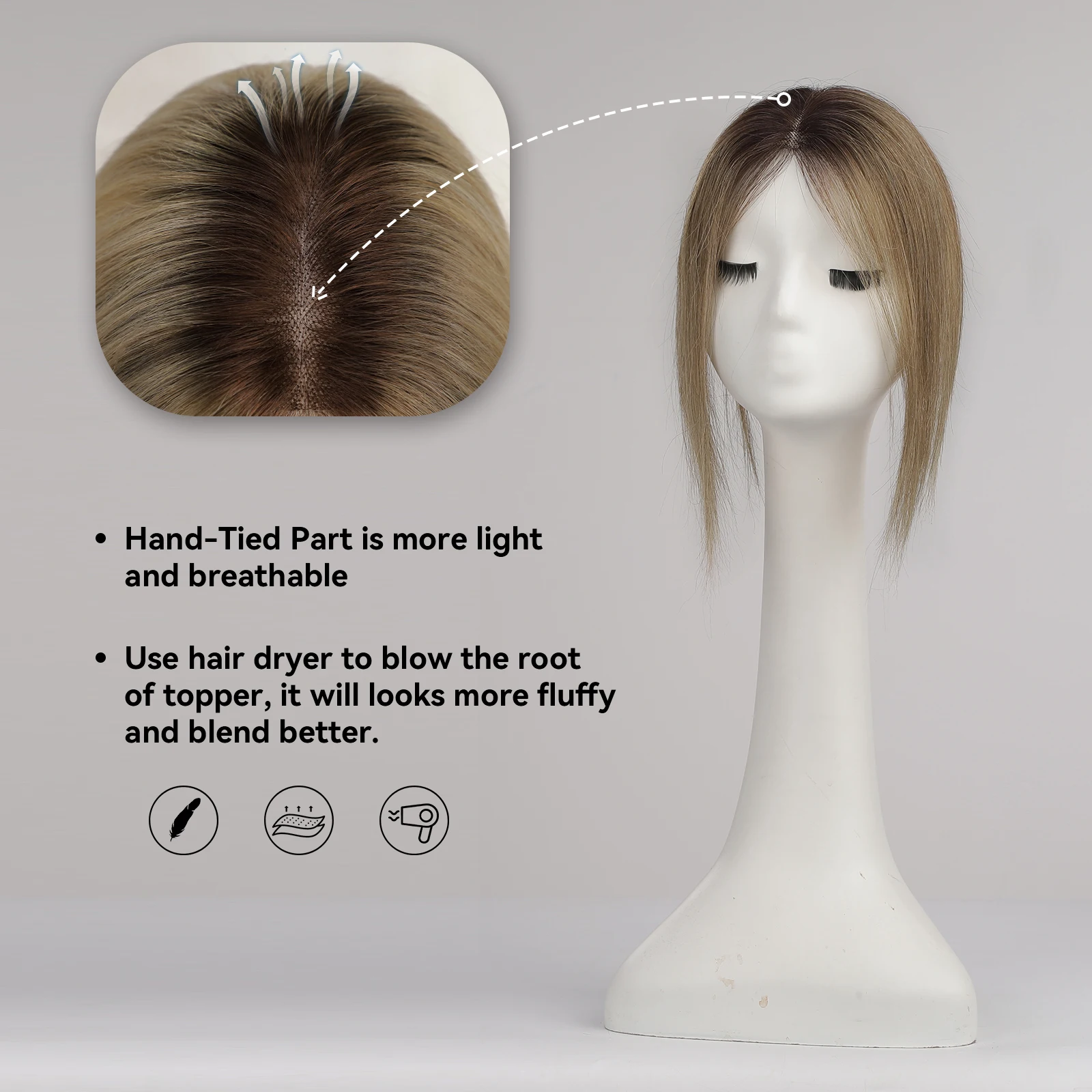 Toppers de cheveux bruns ombrés pour femmes, vrais cheveux humains, sans frange, base en dentelle améliorée, postiches pour amincissement, extensions de cheveux à clipser