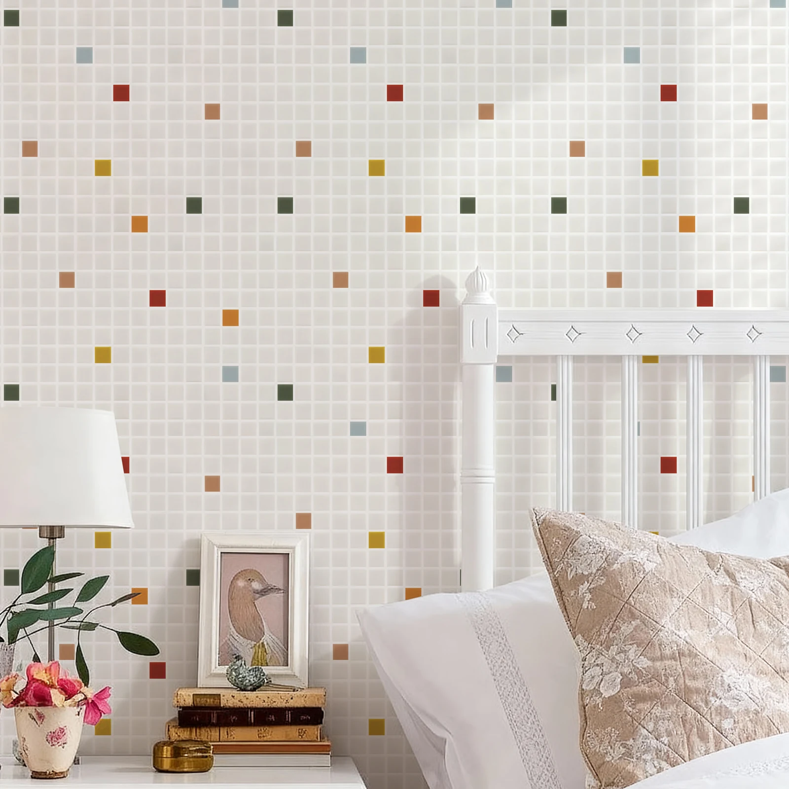 

Chic Geometric Square Peel and Stick Wallpaper Multicolor Speckled Grid Self Adhesive Vinyl Wall Covering for Living Room