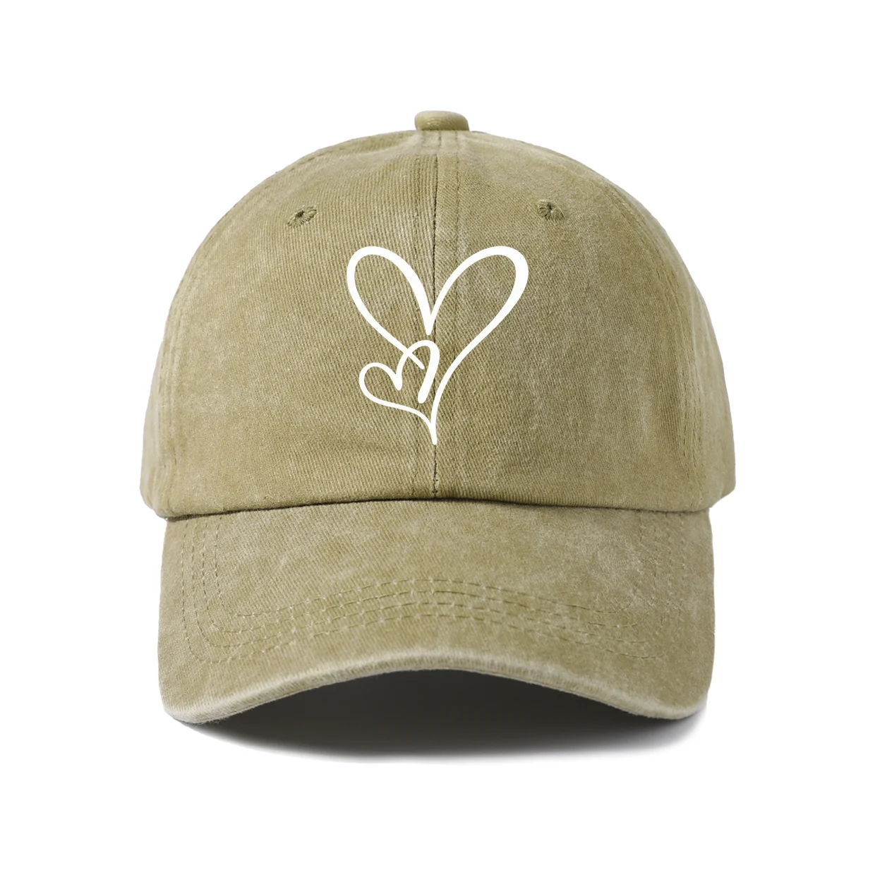 Minimal Double Heart Graphic Baseball Cap, Vintage Washed Adjustable Unisex Dad Hat, Casual Gift