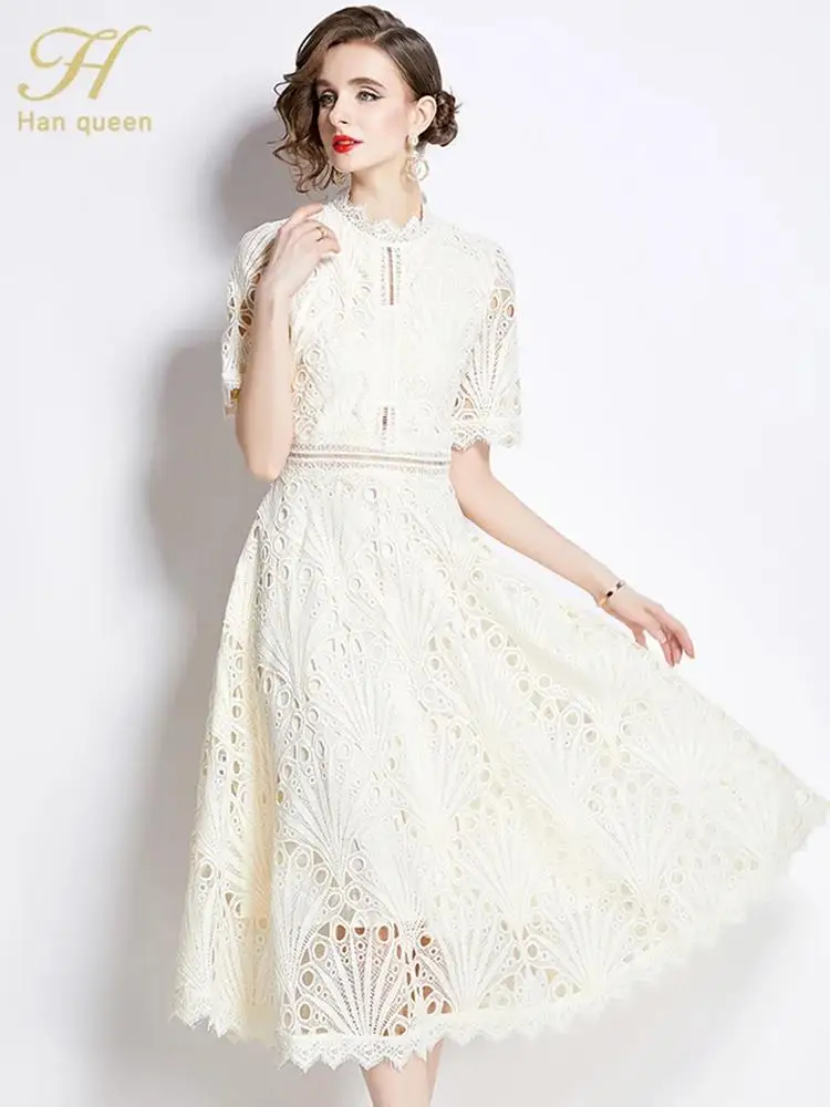 2024 Floral Crochet Hollow Out Lace Dresses Summer New Elegant Party Vestido Patchwork Casual Office Short Sleeve Midi Dress