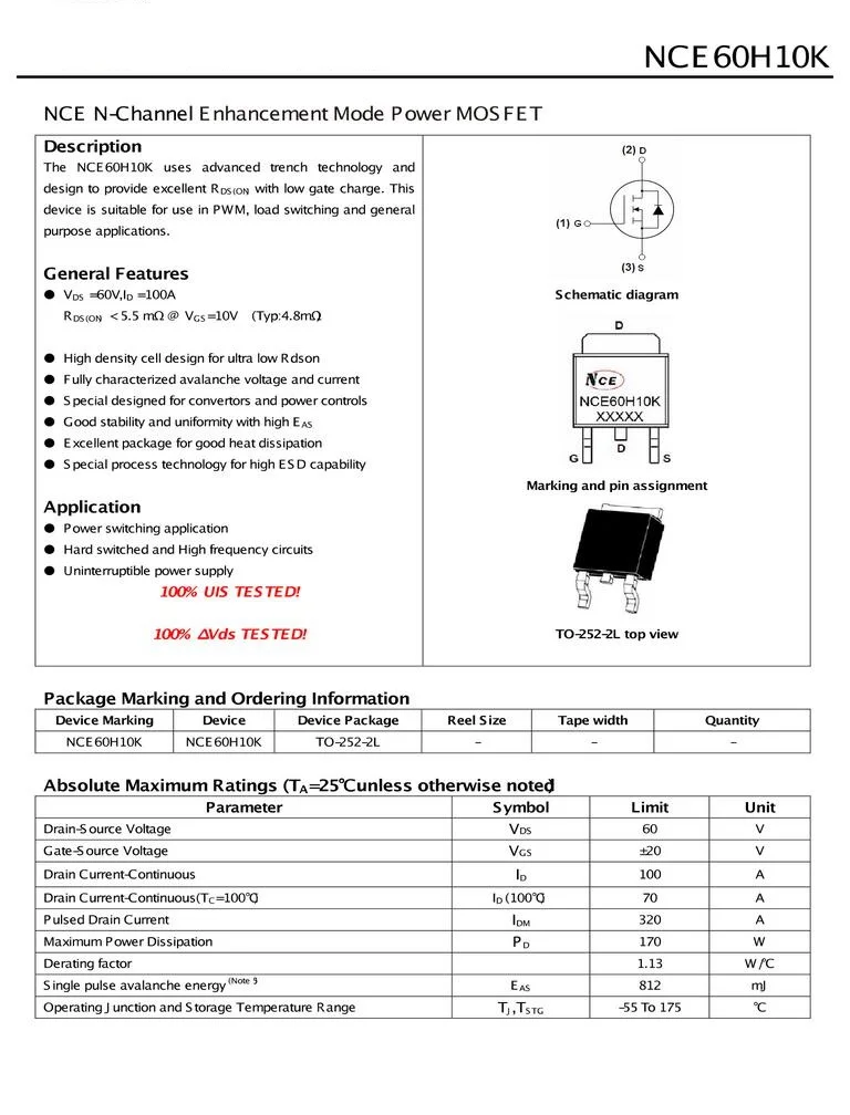 Nce60h10k nce n-チャンネル電力mosfetから-252 mos 60v 100a,10個,送料無料