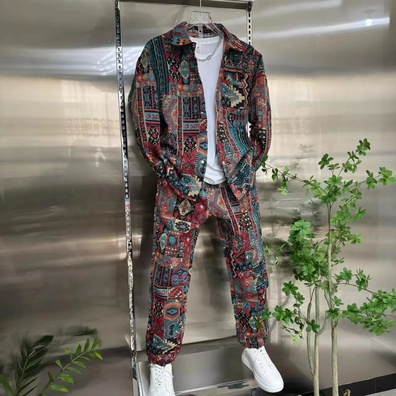 

2026 New Men's Ethnic Print Tracksuit Vintage Jacquard Zip-Up Jacket + Pants Set Streetwear Hip Hop Casual Two Piece Suit Spring