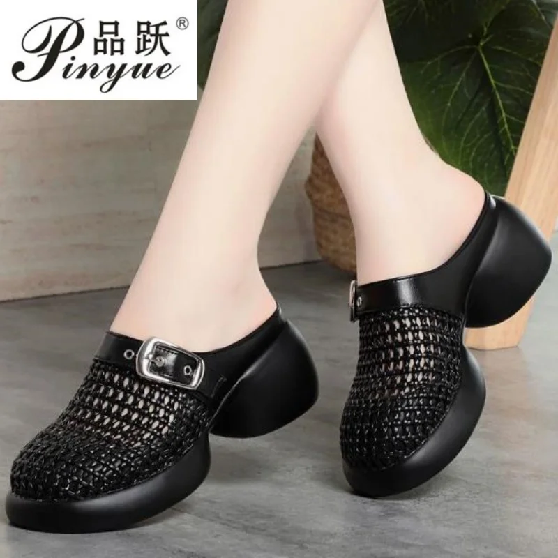 

5.5cm Microfiber Leather Platform Wedge High Brand Breathable Women Round Toe Slipper Slip on Shoes 35-40