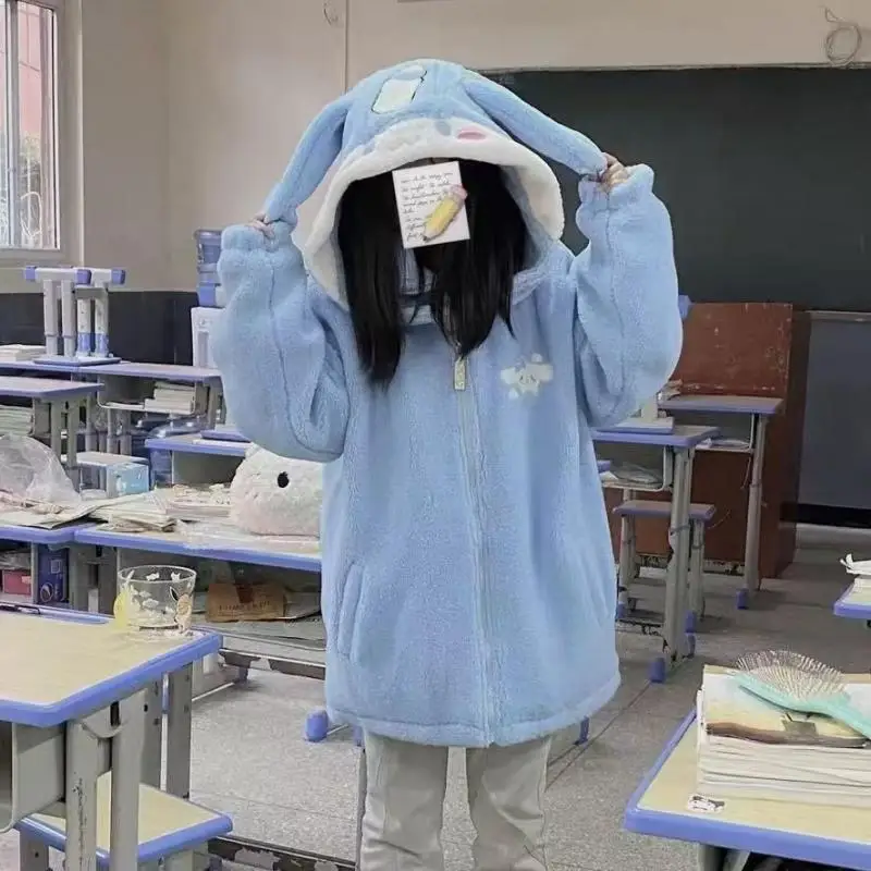 جديد المرأة مرحبا كيتي مقنعين البلوز شيربا معطف قبعة انفصال خريف شتاء كورومي سينامورول جاكيت زيبرا رشاقته الدافئة
