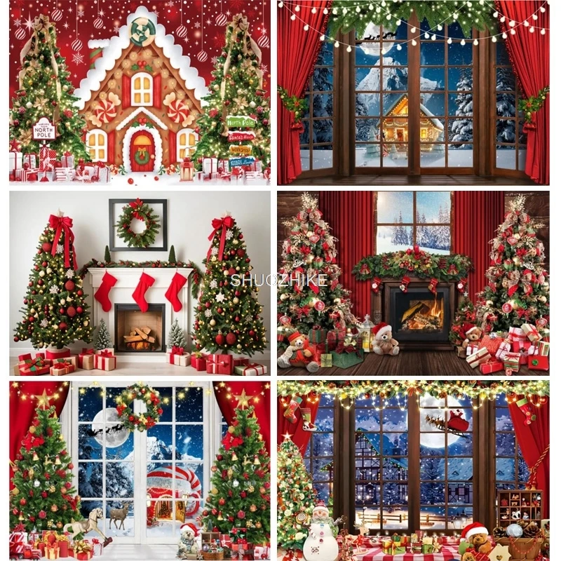 

Christmas Photography Backdrops Window Snow Pine tree House Decoration Background Winter Photo Studio Shoot Booth Props AX-01