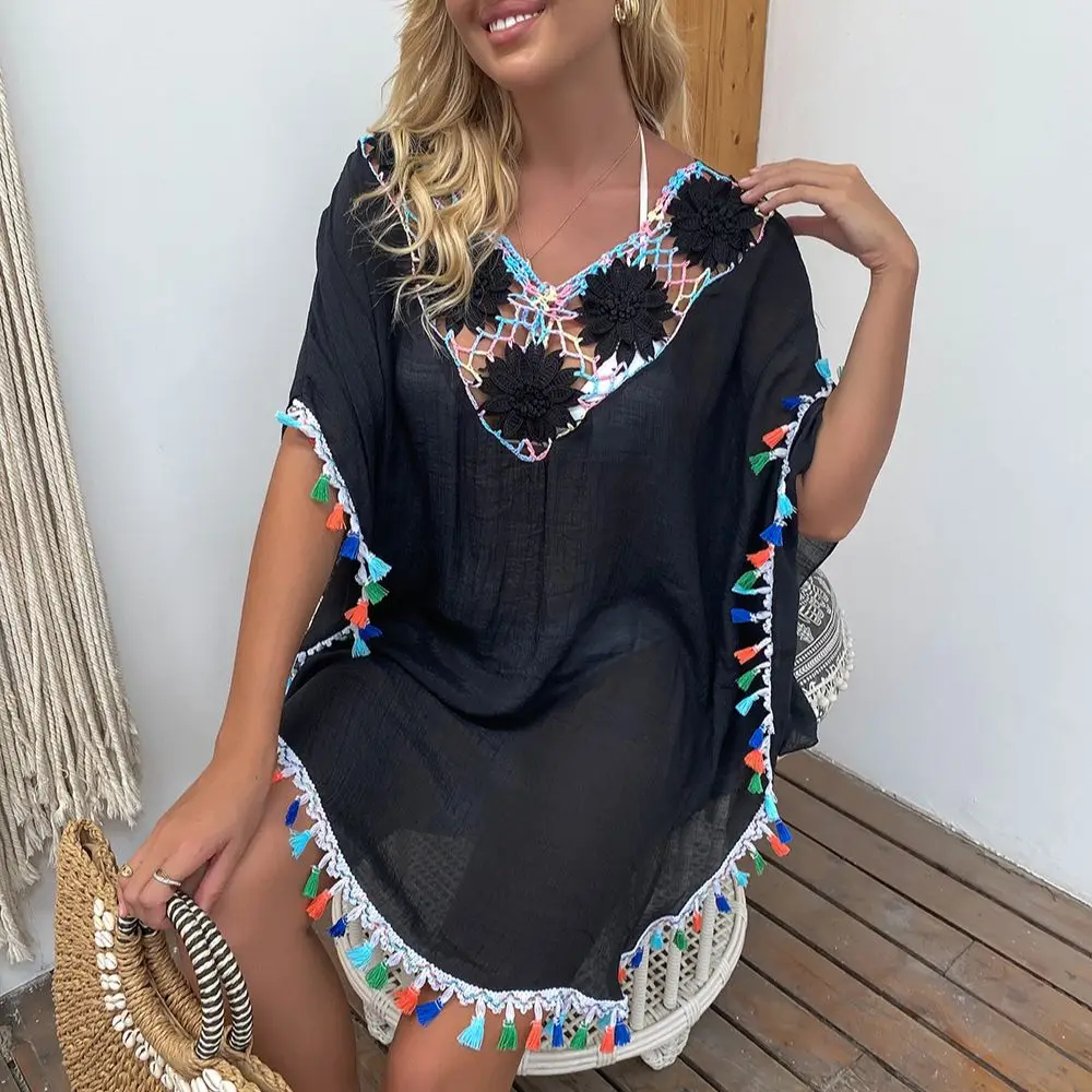 Summer Women Bikini Cover Up Floral Lace Hollow Crochet Swimsuit Cover-Ups Bathing Suit Beachwear Beach Dress