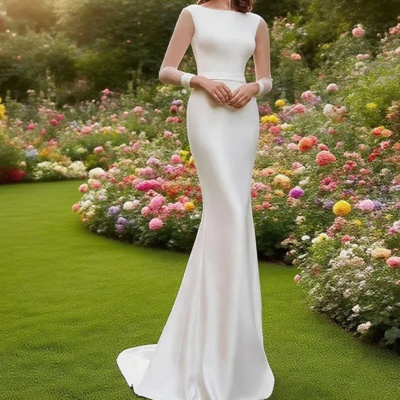 

Customized Elegant Long Sleeves Women Wedding Dresses Sexy Satin Mermaid Bridal Gowns Mopping Length Party Vestido