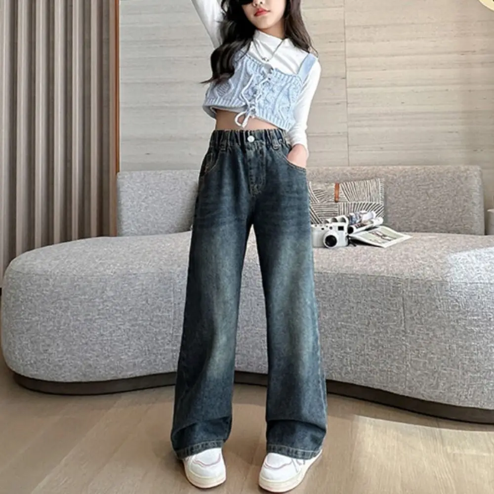 Ins – jean à nœud papillon pour enfants, ample, taille haute, Y2K, jambes larges, pantalon de Cowboy, en Denim, cadeau pour petites filles