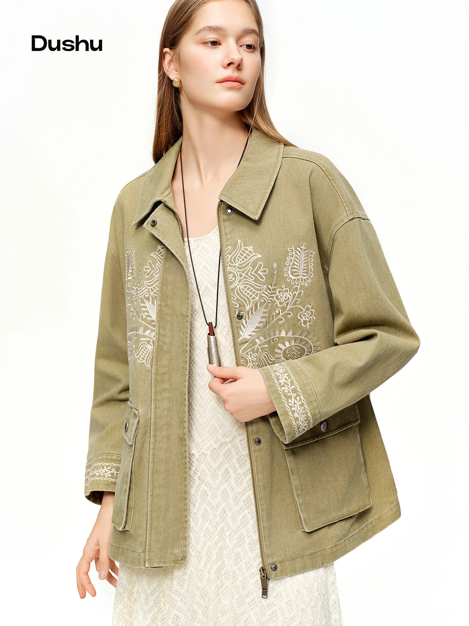 DUSHU Retro Embroidered Denim 2026 Spring New Arrival Fashionable Casual Short Jacket Personality Streetwear Commuting Coats