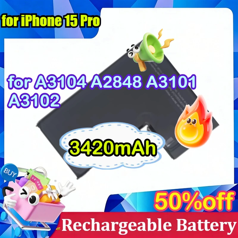 

A3104 A2848 A3101 A3102 3420mAh High Capacity Replacement Battery for iPhone 15 Pro with Repair Tools