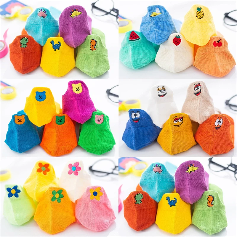 5 Pairs Kids Ankle Socks Cute Cartoon Embroidery Dinosaur Bear Fruit Floral Baby Socks Colorful Cotton Toddler Boys Girls Socks
