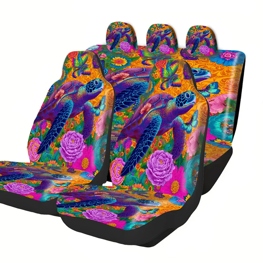 2-5 Seat Set Car Seat Covers Premium Turtle Floral Print Polyester Universal Fit For Truck SUV Off-Road Car Easy Install Washabl