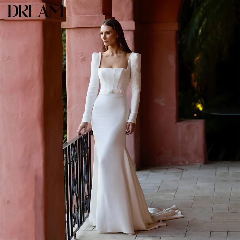 

Elegant Long Sleeve Mermaid Wedding Dress 2025 Belt Square Collar Open Back Buttons Bridal Gown Vestidos De Novia Customized
